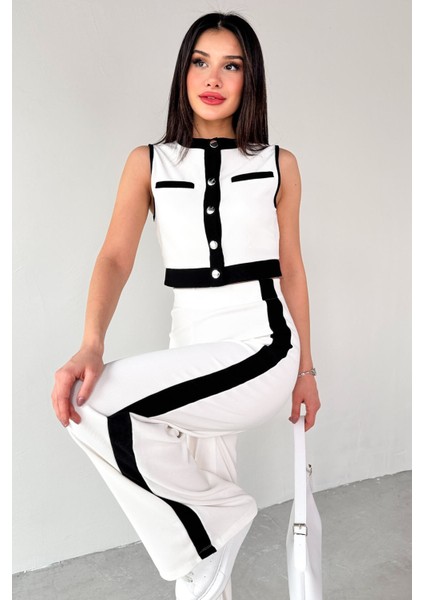 TKM-13253 Beyaz Siyah Şeritli Çıtçıtlı Yelek Pantolon Ikili Takım