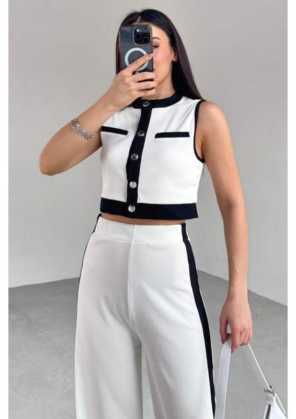 TKM-13253 Beyaz Siyah Şeritli Çıtçıtlı Yelek Pantolon Ikili Takım