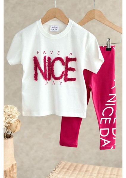 Nice Kabartma Detaylı Kız Çocuk Taytlı takım - Fuşya