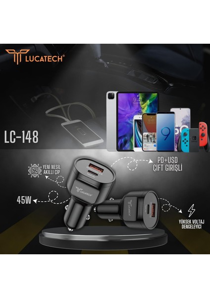 Samsung A05 / A15 / A24 / A25 / A34 A54 / A55 / A72 / A82 Uyumlu 45W Turbo Araç Şarjı