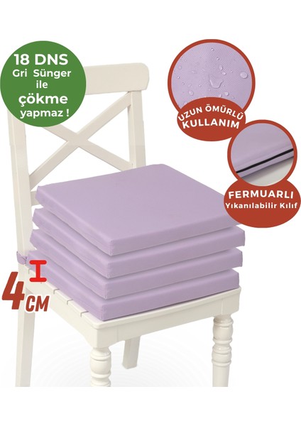 Fermuarlı 4'Lü Sandalye Minderi Su Itici Kumaş 40 x 40 cm Sünger Sandalye Minderi Bağcıklı Lila