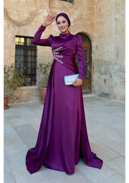 Taş Detaylı Saten Abiye 7027 Mürdüm