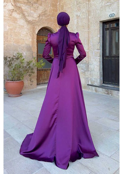 Taş Detaylı Saten Abiye 7027 Mürdüm fiyatları