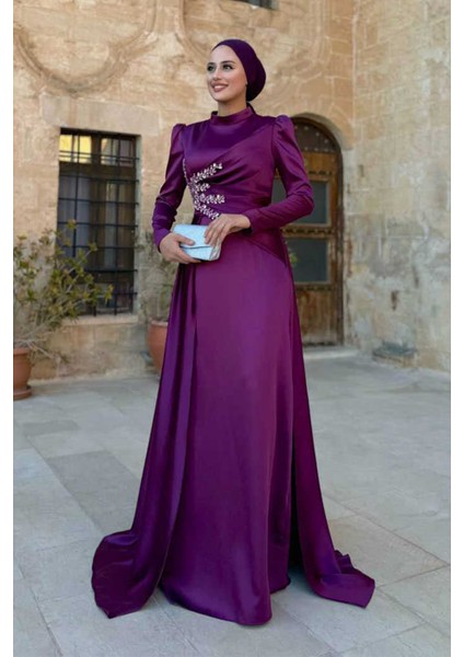 Taş Detaylı Saten Abiye 7027 Mürdüm modelleri