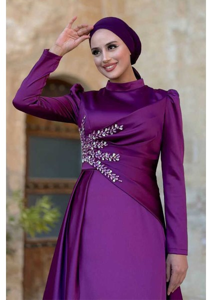 Taş Detaylı Saten Abiye 7027 Mürdüm fırsatları