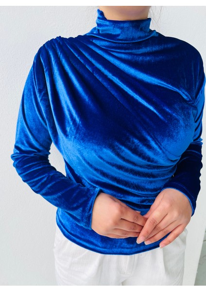 Kadın Mavi Renk Uzun Kollu Kadife Bluz modelleri