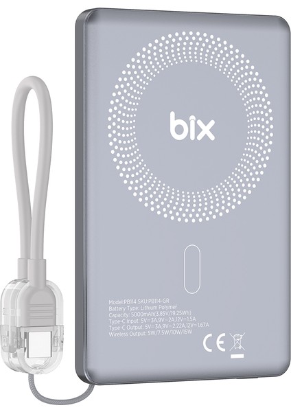 PB114 5000MAH 20W Dahili Type-C Kablolu 15W Manyetik Kablosuz Şarj Özellikli Portatif Powerbank Taşınabilir Hızlı Şarj Cihazı