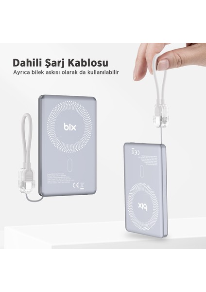 PB114 5000MAH 20W Dahili Type-C Kablolu 15W Manyetik Kablosuz Şarj Özellikli Portatif Powerbank Taşınabilir Hızlı Şarj Cihazı