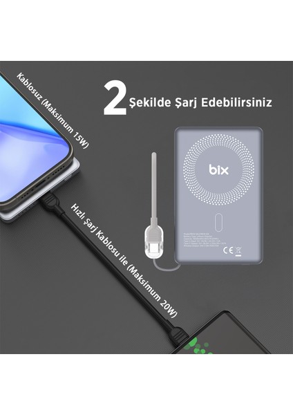 PB114 5000MAH 20W Dahili Type-C Kablolu 15W Manyetik Kablosuz Şarj Özellikli Portatif Powerbank Taşınabilir Hızlı Şarj Cihazı