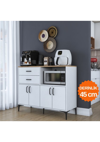 JE206 Kahve Köşesi Çok Amaçlı Dolap 4 Kapaklı 2 Çekmeceli Kiler Mutfak Dolabı Beyaz - Sepet Ceviz