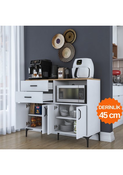 JE206 Kahve Köşesi Çok Amaçlı Dolap 4 Kapaklı 2 Çekmeceli Kiler Mutfak Dolabı Beyaz - Sepet Ceviz