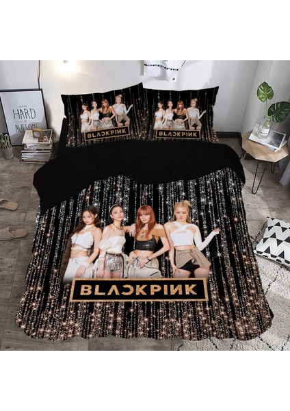 Siyah Black Pink Temalı Baskılı Çift Kişilik Nevresim Takımı