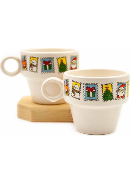 Yılbaşı Kartpostal Tasarımlı 2'li Espresso Bardak Seti - Yılbaşı Temalı Kupa Fincan