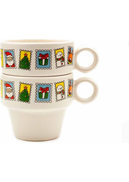 Yılbaşı Kartpostal Tasarımlı 2'li Espresso Bardak Seti - Yılbaşı Temalı Kupa Fincan modelleri