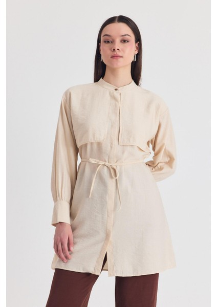 Bej Parça Detaylı Ip Bağcıklı Gömlek 4553A