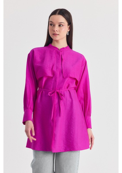 Fuşya Parça Detaylı Ip Bağcıklı Gömlek 4553A