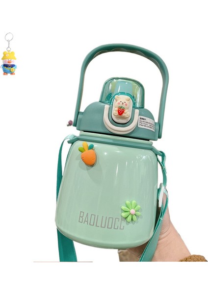 Büyük Göbek Termos Bardağı Büyük Kapasiteli Kız Öğrenci Su Bardağı Pipetli Sevimli Taşınabilir Kayışlı Su Isıtıcısı (Yurt Dışından)