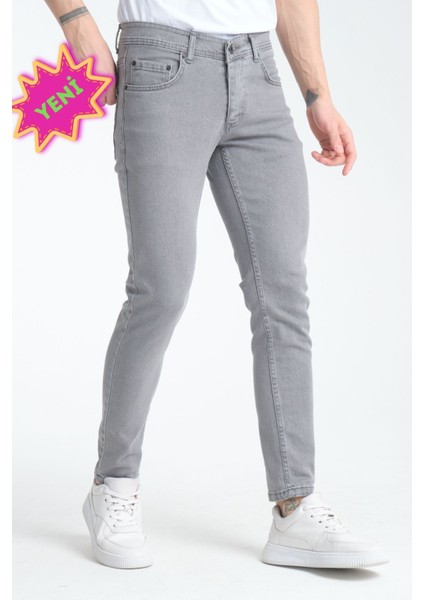 Erkek Gri Düz Skinny Fit Jeans Pantolon Günlük Giyime Uygun