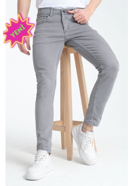 Erkek Gri Düz Skinny Fit Jeans Pantolon Günlük Giyime Uygun fiyatları