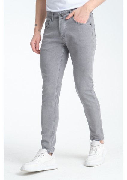 Erkek Gri Düz Skinny Fit Jeans Pantolon Günlük Giyime Uygun fırsatları