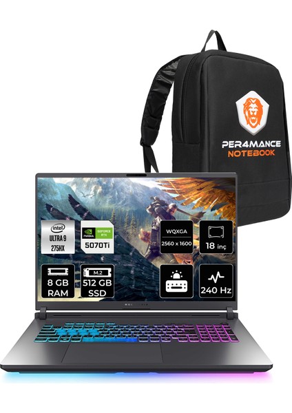 Rog Strix G18 Intel Core Ultra 9 275HX 8gb 512GB SSD RTX5070TI/12GB 140W 18" Qhd+ 240Hz Freedos Taşınabilir Bilgisayar & Per4 Çanta G815LRS9156P302
