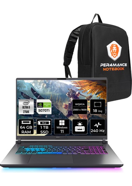 Rog Strix G18 Intel Core Ultra 9 275HX 64GB 1tb SSD RTX5070TI/12GB 140W 18" Qhd+ 240Hz Windows 11 Pro Taşınabilir Bilgisayar & Per4 Çanta G815LRS9156P413