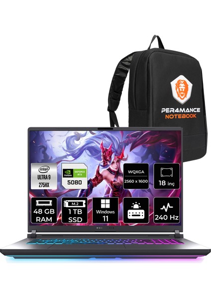 Rog Strix G18 Intel Core Ultra 9 275HX 48GB 1tb SSD RTX5080/16GB 175W 18" Qhd+ 240Hz Windows 11 Pro Taşınabilir Bilgisayar & Per4 Çanta G815LWS9128P408