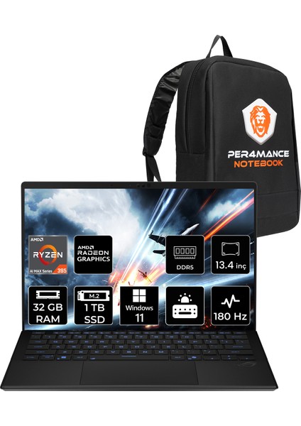 Rog Flow Z13 Amd Ryzen Aı Max+ 395 32GB 1tb SSD 13.4" Qhd+ 180Hz Windows 11 Home Taşınabilir Bilgisayar & Per4 Çanta GZ302EARU100P308