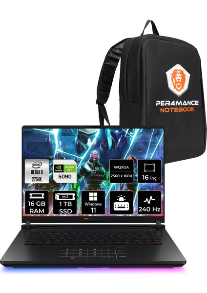 Rog Strix G16 Intel Core Ultra 9 275HX 16GB 1tb SSD RTX5090/24GB 175W 16" Qhd+ 240Hz Windows 11 Home Taşınabilir Bilgisayar & Per4 Çanta G635LXRW145P348