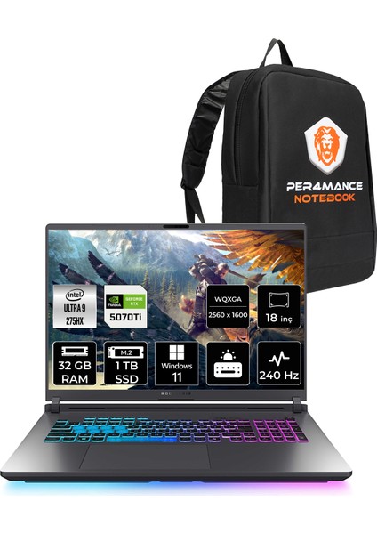 Rog Strix G18 Intel Core Ultra 9 275HX 32GB 1tb SSD RTX5070TI/12GB 140W 18" Qhd+ 240Hz Windows 11 Pro Taşınabilir Bilgisayar & Per4 Çanta G815LRS9156P398