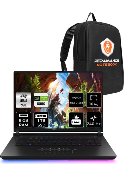 Rog Strix G16 Intel Core Ultra 9 275HX 8gb 1tb SSD RTX5080/16GB 175W 16" Qhd+ 240Hz Fdos Taşınabilir Bilgisayar & Per4 Çanta G635LWRW138P303