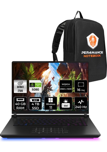 Rog Strix G16 Intel Core Ultra 9 275HX 40GB 4tb SSD RTX5080/16GB 175W 16" Qhd+ 240Hz Windows 11 Home Taşınabilir Bilgisayar & Per4 Çanta G635LWRW138P365