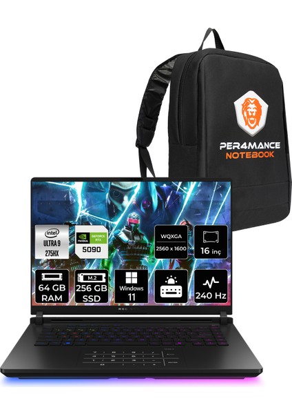 Rog Strix G16 Intel Core Ultra 9 275HX 64GB 256GB SSD RTX5090/24GB 175W 16" Qhd+ 240Hz Windows 11 Pro Taşınabilir Bilgisayar & Per4 Çanta G635LXRW145P411