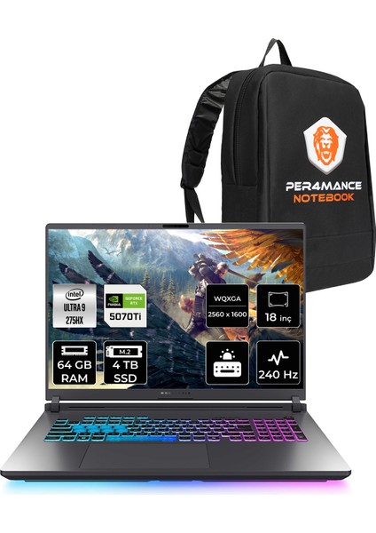 Rog Strix G18 Intel Core Ultra 9 275HX 64GB 4tb SSD RTX5070TI/12GB 140W 18" Qhd+ 240Hz Freedos Taşınabilir Bilgisayar & Per4 Çanta G815LRS9156P335