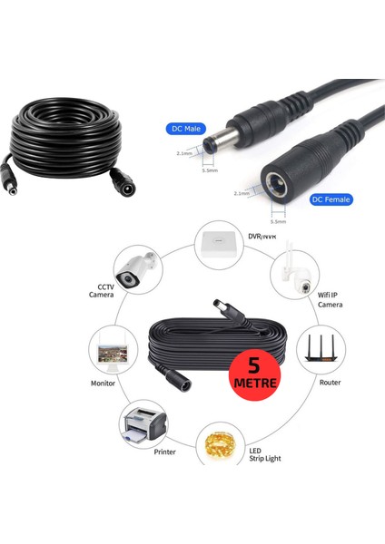 Ec-5 AWG23 5 Metre Power Güç Uzatma Kablosu – 12V Dc Wifi Kamera Modem Kayıt Cihazı Uyumlu