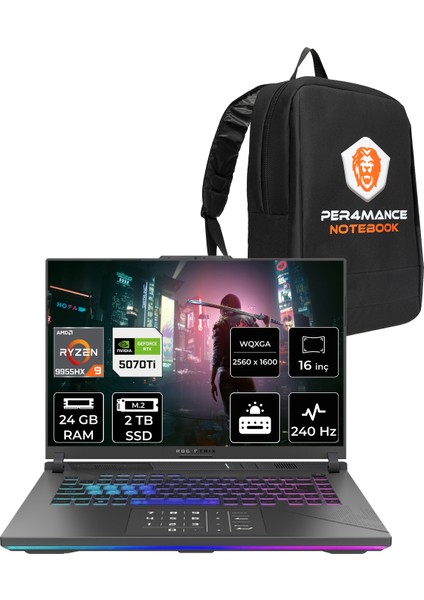 Rog Strix G16 Amd Ryzen 9 9955HX 24GB 2tb SSD RTX5070TI/12GB 140W 16" Qhd+ 240Hz Freedos Taşınabilir Bilgisayar & Per4 Çanta G614FRS5112P314
