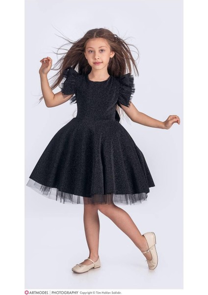 Kız Çocuk Özel Gün Simli Abiye Elbise 167372 Siyah