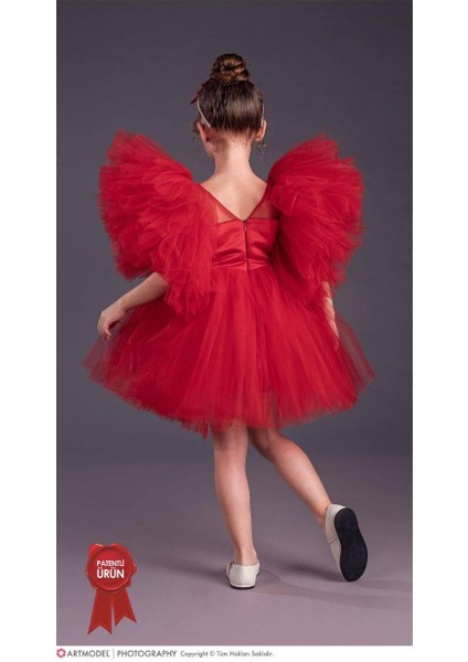 Kız Çocuk Tütü Etekli Kabarık Kollu Komotini Taçlı Abiye Elbise Kırmızı 1662 modelleri