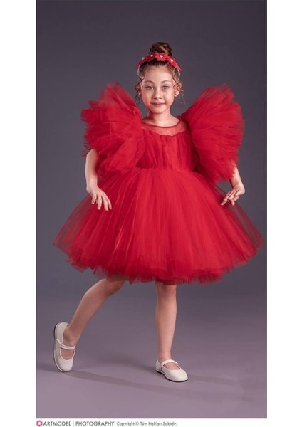 Kız Çocuk Tütü Etekli Kabarık Kollu Komotini Taçlı Abiye Elbise Kırmızı 1662 fırsatları