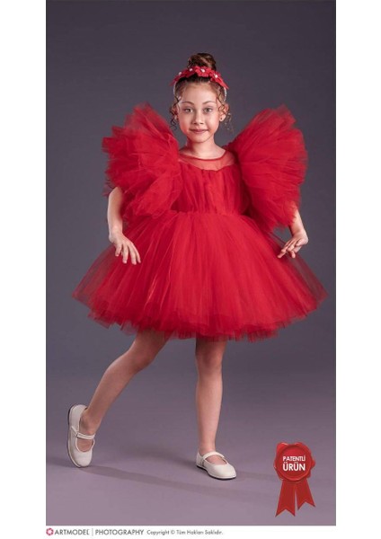 Kız Çocuk Tütü Etekli Kabarık Kollu Komotini Taçlı Abiye Elbise Kırmızı 1662 indirimleri