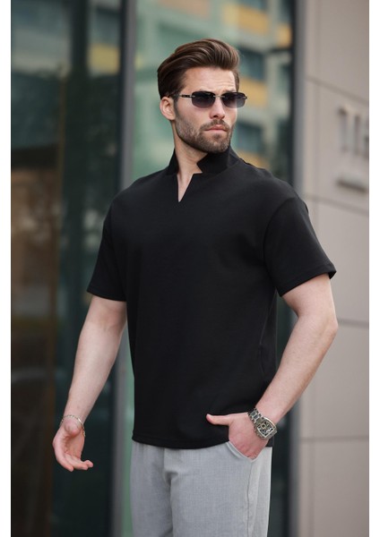 Siyah Polo Yaka Erkek Basic T-Shirt E7145 fırsatları