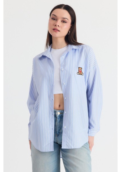 Mavi Ayıcık Nakışlı Oversize Gömlek 4689A