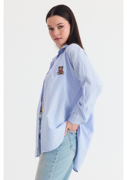 Mavi Ayıcık Nakışlı Oversize Gömlek 4689A
