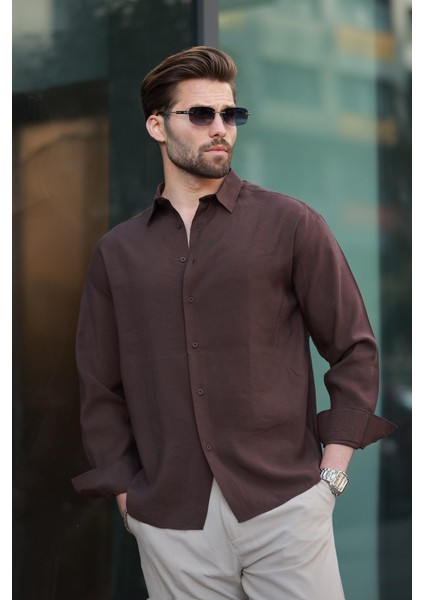 Kahverengi Basic Uzun Kollu Erkek Gömlek E6762