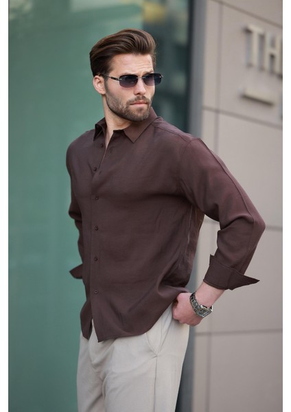 Kahverengi Basic Uzun Kollu Erkek Gömlek E6762 fiyatları