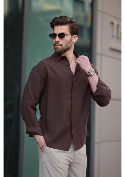 Kahverengi Basic Uzun Kollu Erkek Gömlek E6762 modelleri