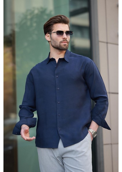 Lacivert Basic Uzun Kollu Erkek Gömlek E6762