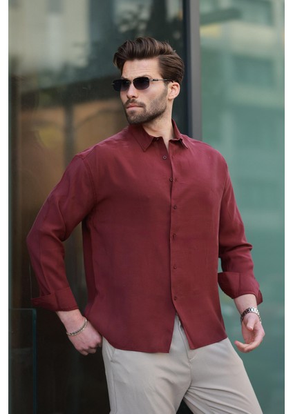 Bordo Basic Uzun Kollu Erkek Gömlek E6762