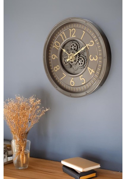 Premium Serisi Antik Eskitme Kadranlı Döner Çarklı 60 Santimetre Ev ve Ofis Duvar Saati Latin Rakamlı Bronz modelleri