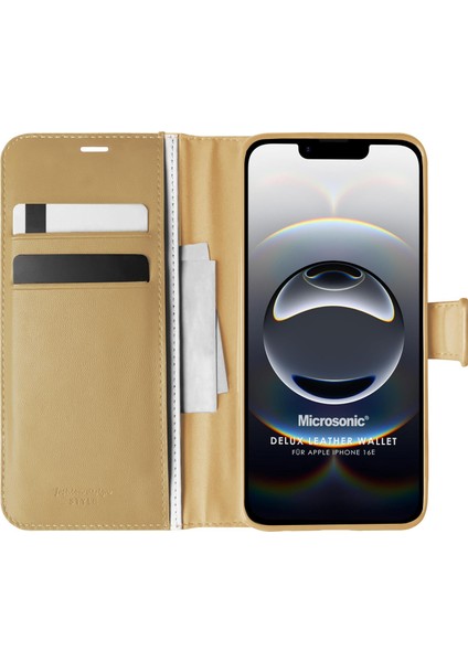 Apple iPhone 16E Kılıf Delux Leather Wallet Gold